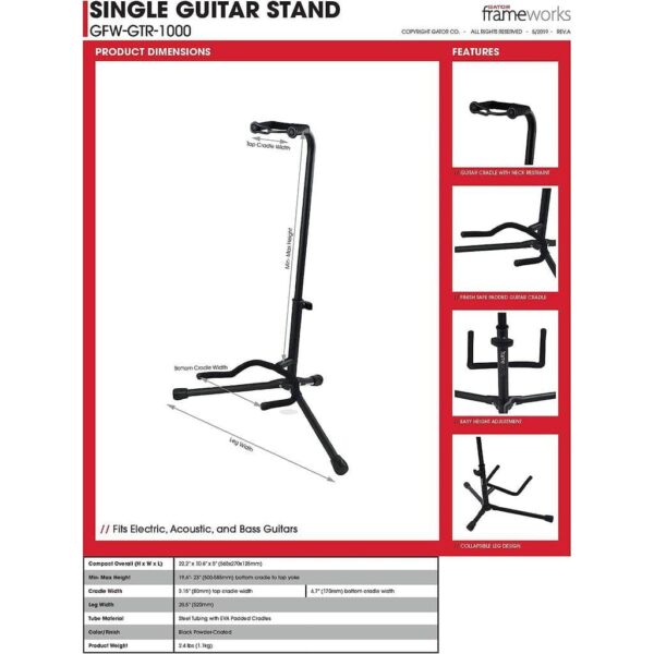 Gator Frameworks GFW-GTR-1000 Single Guitar Stand - Image 5