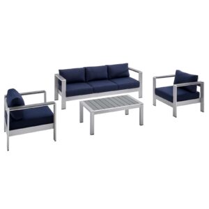 Shore Sunbrella® Fabric Outdoor Patio Aluminum 4 Piece Set By Modway - EEI-4316 - Silver Navy