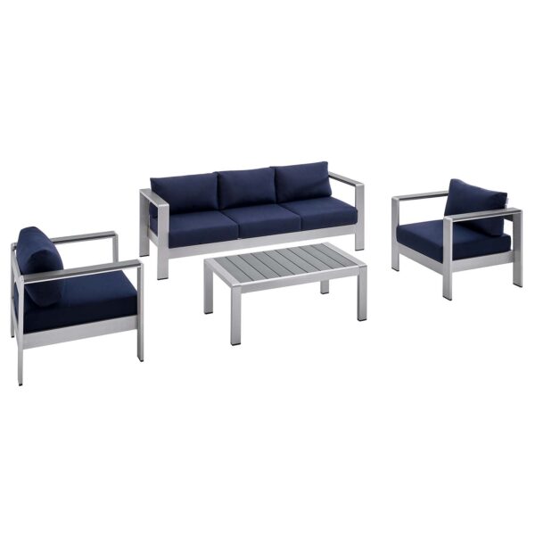 Shore Sunbrella® Fabric Outdoor Patio Aluminum 4 Piece Set By Modway - EEI-4316 - Silver Navy